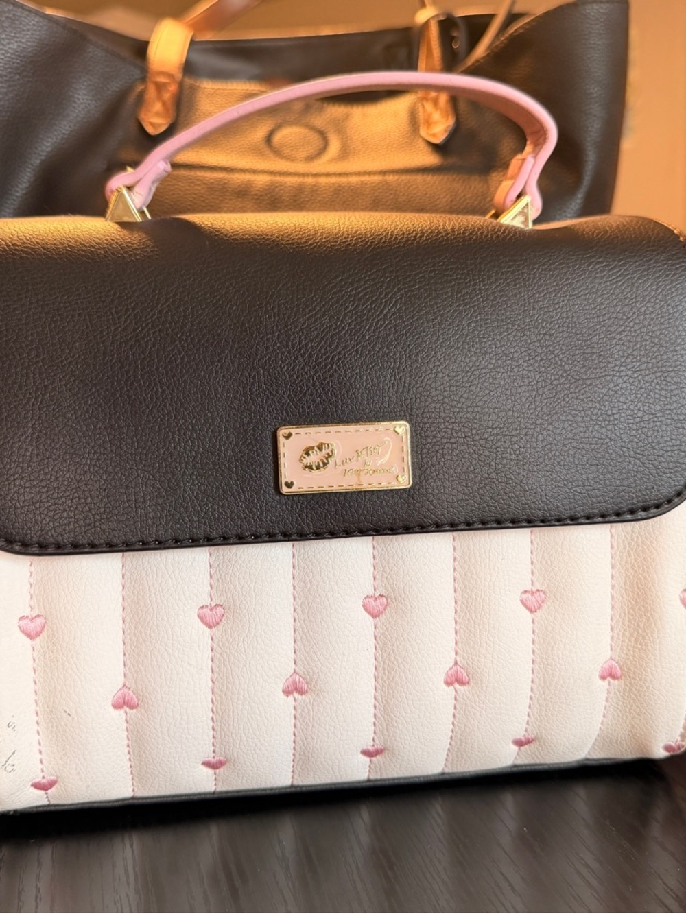 Betsey Johnson Black and Pink Heart-Embroidered Satchel